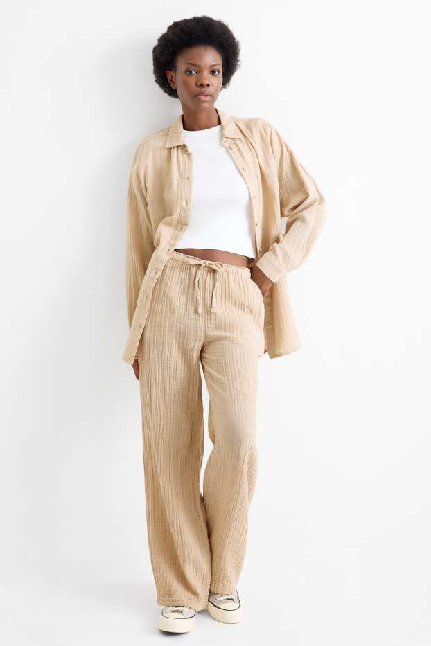 Dámské - Plátěné kalhoty - mid waist - loose fit - béžová