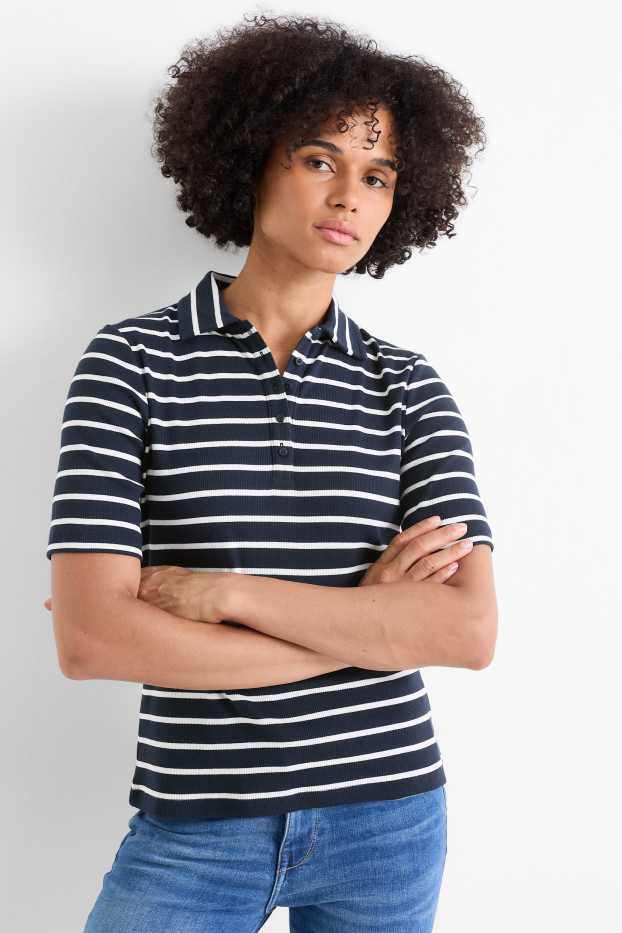 Femmes - Polo - regular fit - finition côtelée - à rayures - bleu foncé / blanc