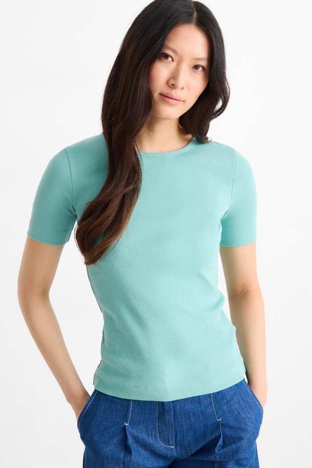 Dámské - Tričko - slim fit - žebrované - světle zelená