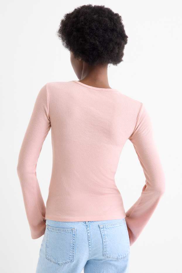 Dámské - Tričko s dlouhým rukávem - slim fit - žebrované - růžová