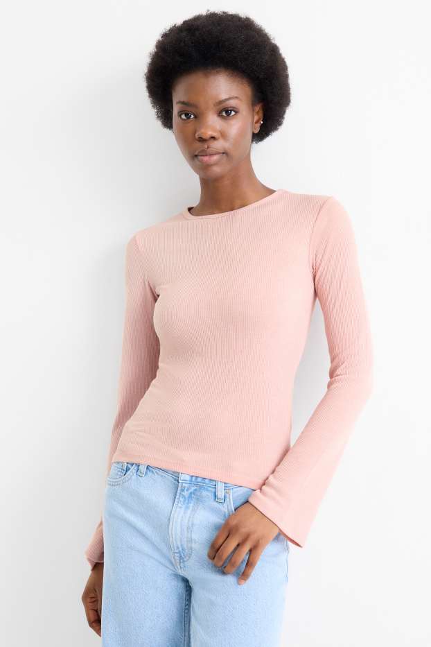 Dámské - Tričko s dlouhým rukávem - slim fit - žebrované - růžová