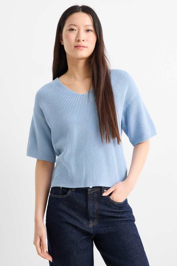 Femmes - Pull en maille - manches courtes - bleu clair