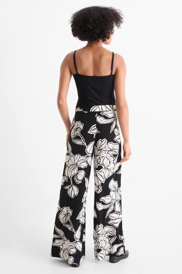 Dames - Pantalon - high waist - wide leg - zwart / wit