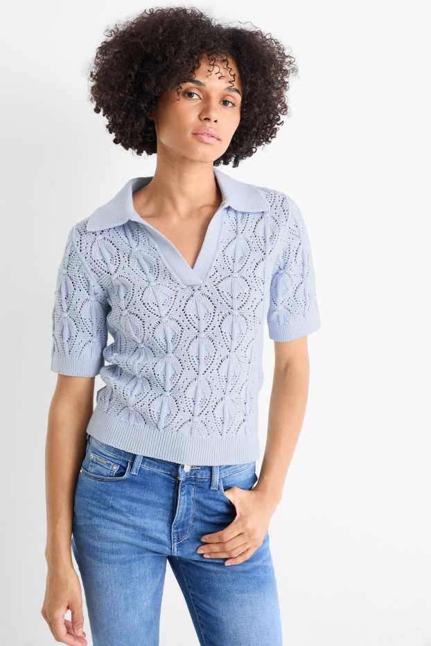 Women - Knitted jumper - short sleeve - light blue
