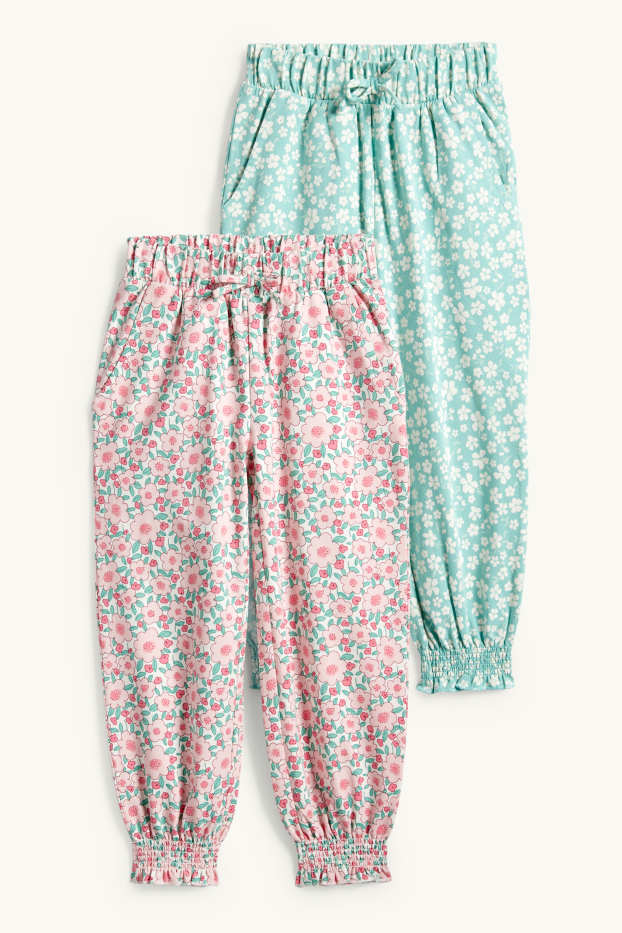 Kinder Mädchen - Multipack 2er - Blume - Jogginghose - Jersey - grün / rosa