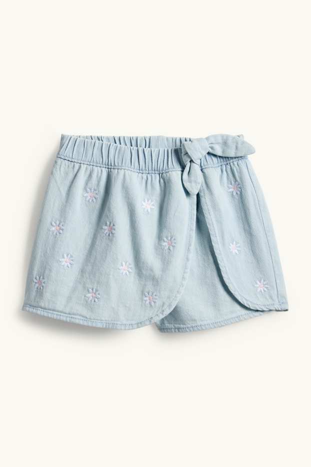 Copii - Fete - Floare - fustă-pantalon scurtă cu nod - aspect de jeans - albastru deschis