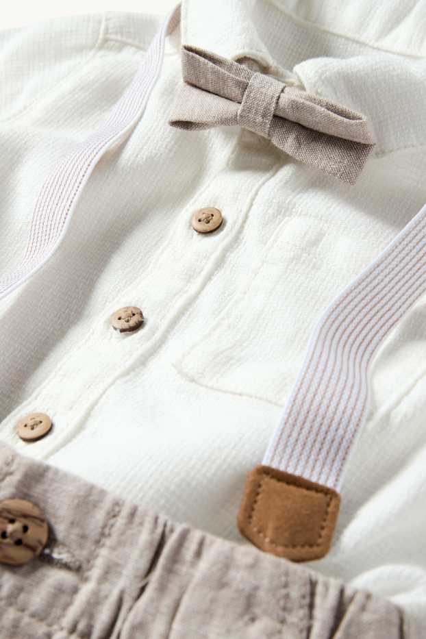 Baby Jungen - Baby-Outfit mit Hosenträgern - 3 teilig - festlich - weiss / beige