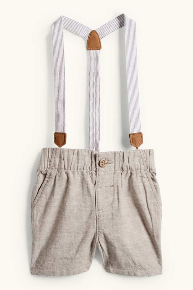 Baby Jungen - Baby-Outfit mit Hosenträgern - 3 teilig - festlich - weiss / beige