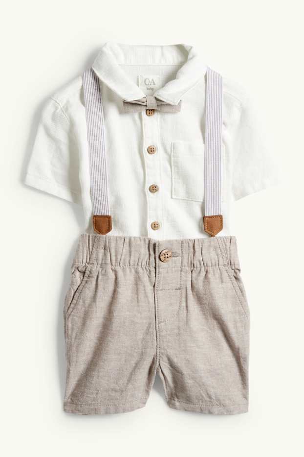 Baby Jungen - Baby-Outfit mit Hosenträgern - 3 teilig - festlich - weiss / beige