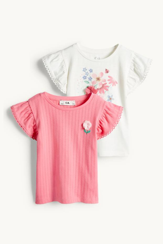 Bambine - Confezione da 2 - t-shirt - a fiori - effetto brillante - bianco / fucsia