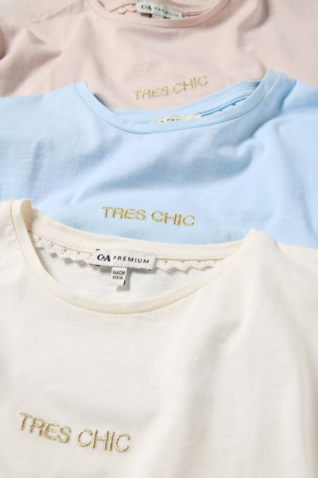 Enfants filles - Lot de 3 - T-shirts - effet brillant - blanc / bleu clair