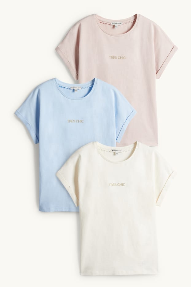 Enfants filles - Lot de 3 - T-shirts - effet brillant - blanc / bleu clair