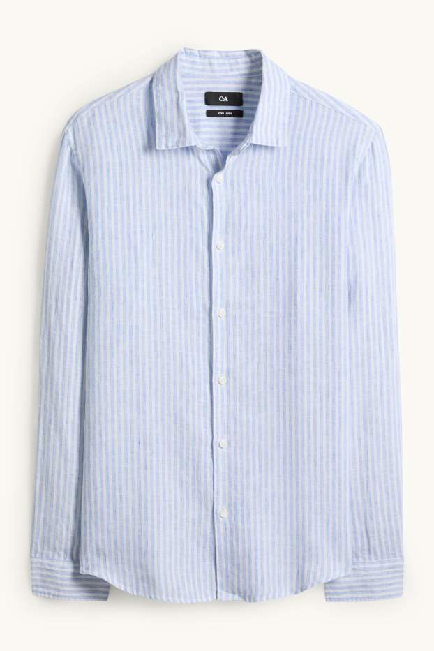 Hommes - Chemise en lin - regular fit - col Kent - à rayures - bleu / blanc