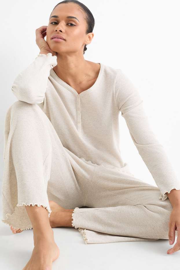 Damen - Pyjama - strukturiert - hellbeige