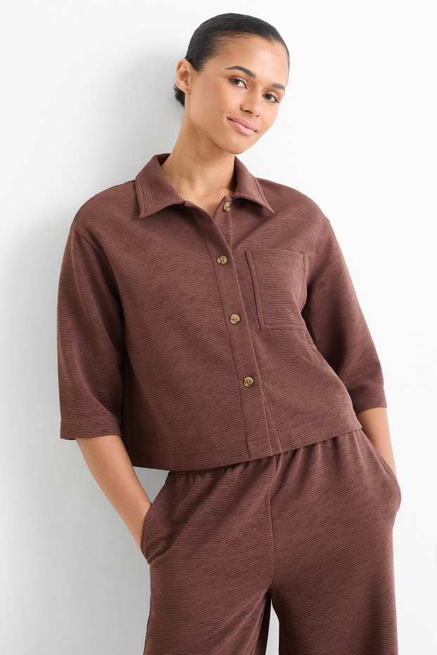 Dámské - Košilová halenka - strukturovaná - tmavohnědá