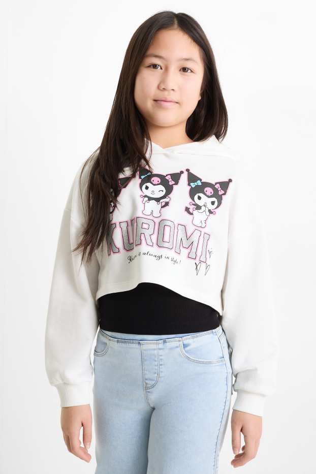 Enfants filles - Kuromi - ensemble - sweat à capuche et haut - 2 pièces - effet brillant - noir / blanc
