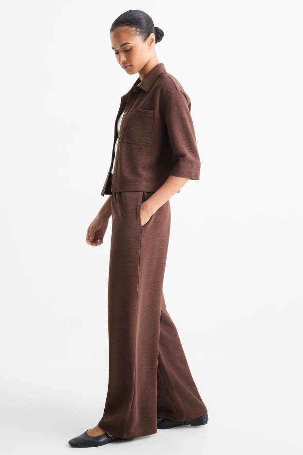 Femmes - Pantalon en jersey - mid waist - regular fit - finition texturée - marron foncé