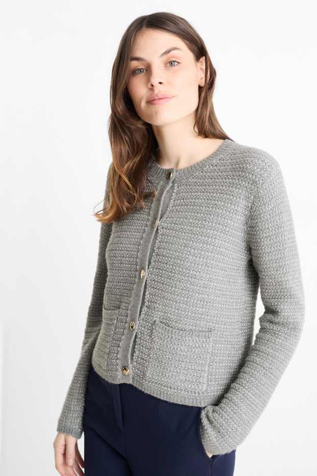 Dámské - Pletený kardigan - s třpytivým efektem - strukturovaný - šedá