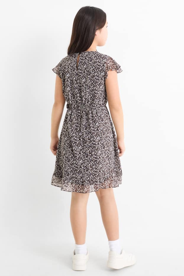 Enfants filles - Fleur - robe - effet brillant - marron foncé