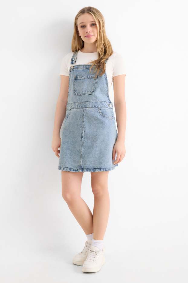 Enfants filles - Ensemble - T-shirt et robe-salopette en jean - 2 pièces - gris foncé / gris clair