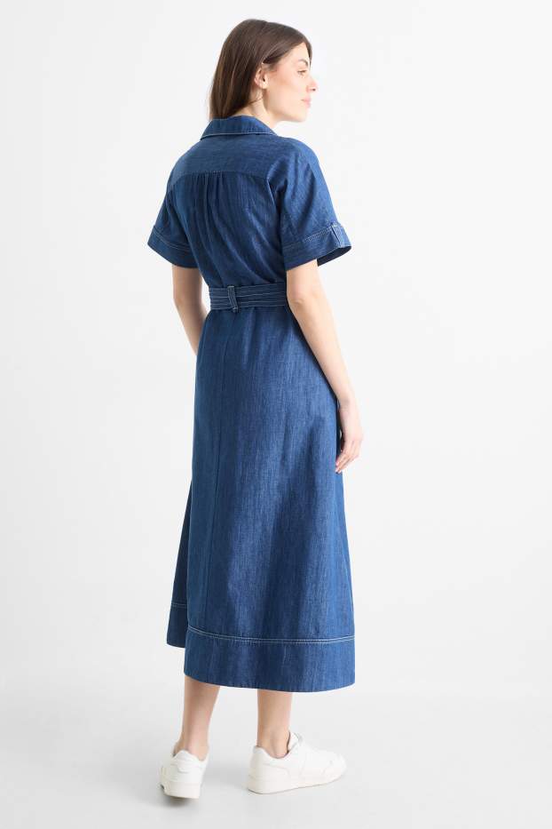 Dames - Denim blousejurk met ceintuur - donkerblauw