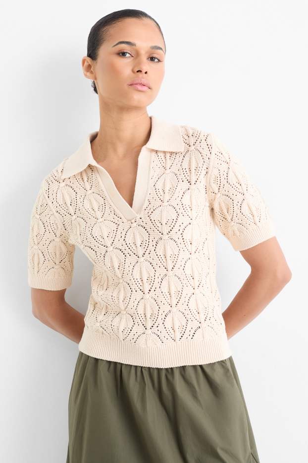 Women - Knitted jumper - short sleeve - beige