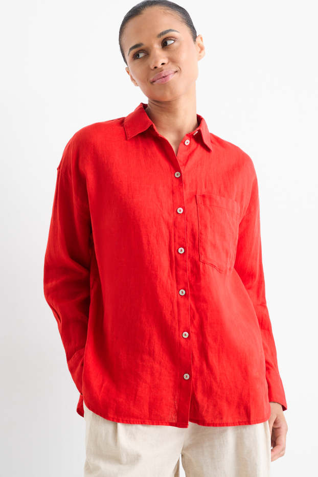 Kobiety - Lniana bluzka koszulowa - czerwony