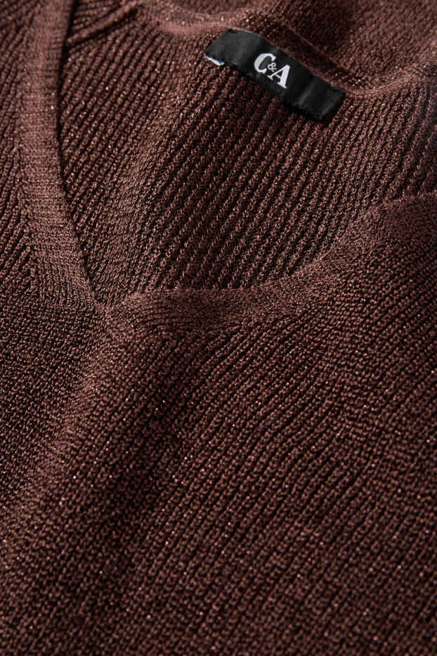 Women - Knitted jumper - short sleeve - shiny - dark brown