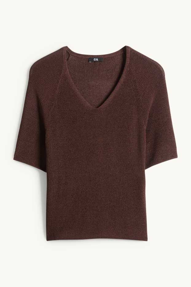 Women - Knitted jumper - short sleeve - shiny - dark brown