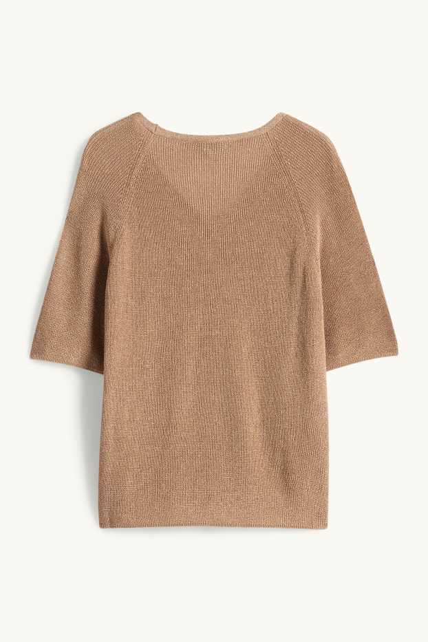 Women - Knitted jumper - short sleeve - shiny - light brown