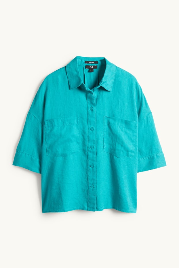 Damen - Leinen-Hemdbluse - dunkeltürkis