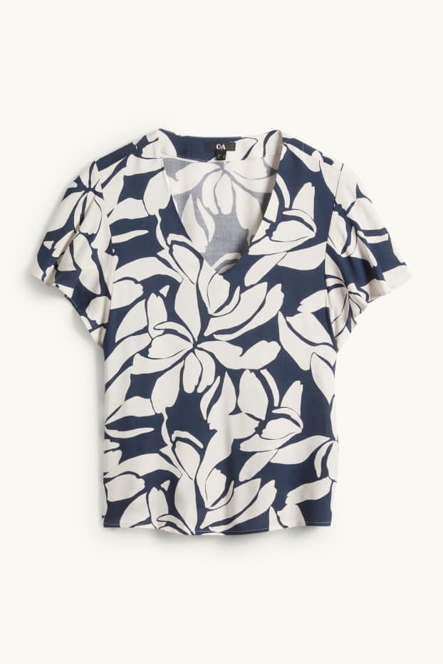 Femmes - Chemisier à col V - à fleurs - bleu foncé / blanc crème