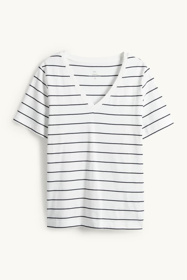Femmes - T-shirt à col V - regular fit - à rayures - blanc