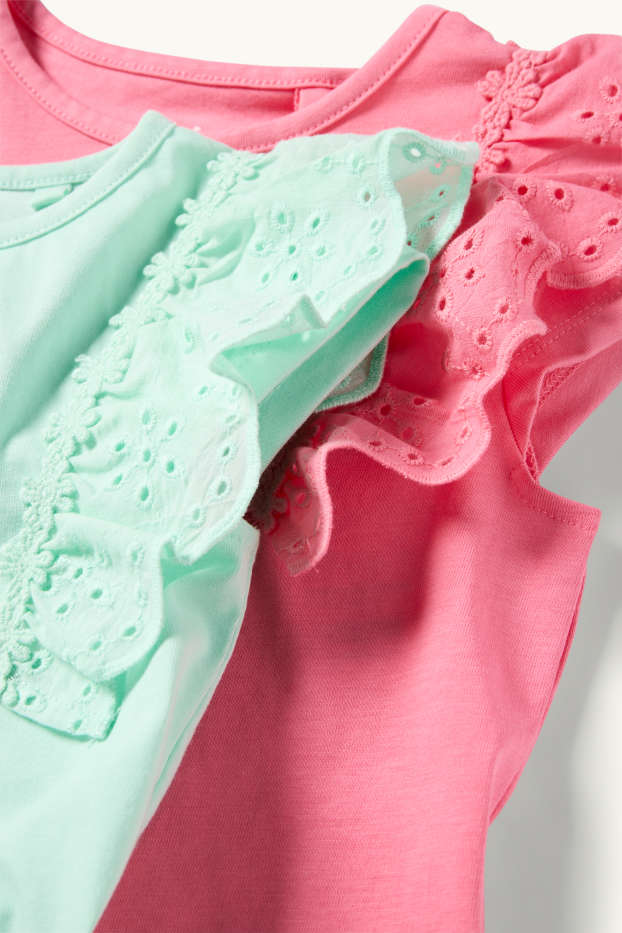 Kinderen: meisjes - Set van 2 - T-shirt - Broderie Anglaise - fuchsiarood