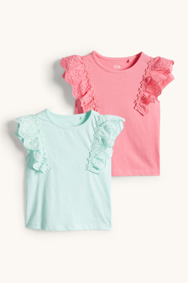 Kinderen: meisjes - Set van 2 - T-shirt - Broderie Anglaise - fuchsiarood