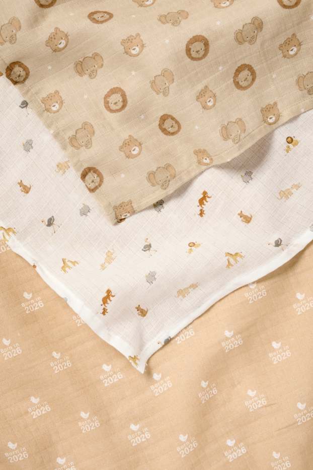 Unisex - Multipack of 3 - wild animals - baby muslin square - white / beige