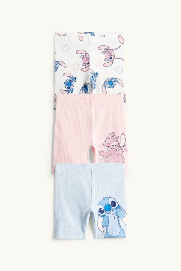 Kinder Mädchen - Multipack 3er - Lilo & Stitch - Radlerhose - gerippt - rosa / hellblau