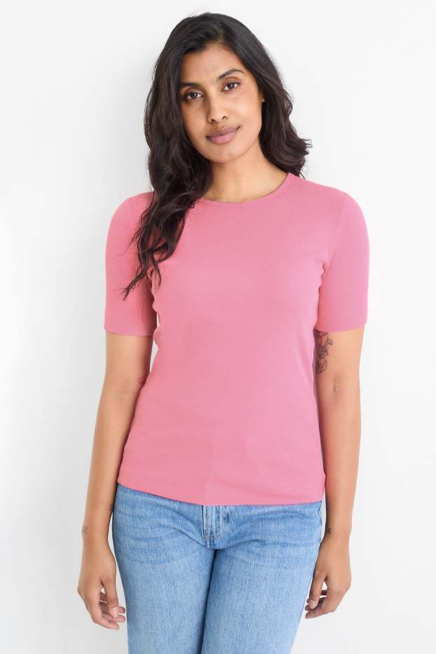 Femmes - T-shirt - slim fit - finition côtelée - rose