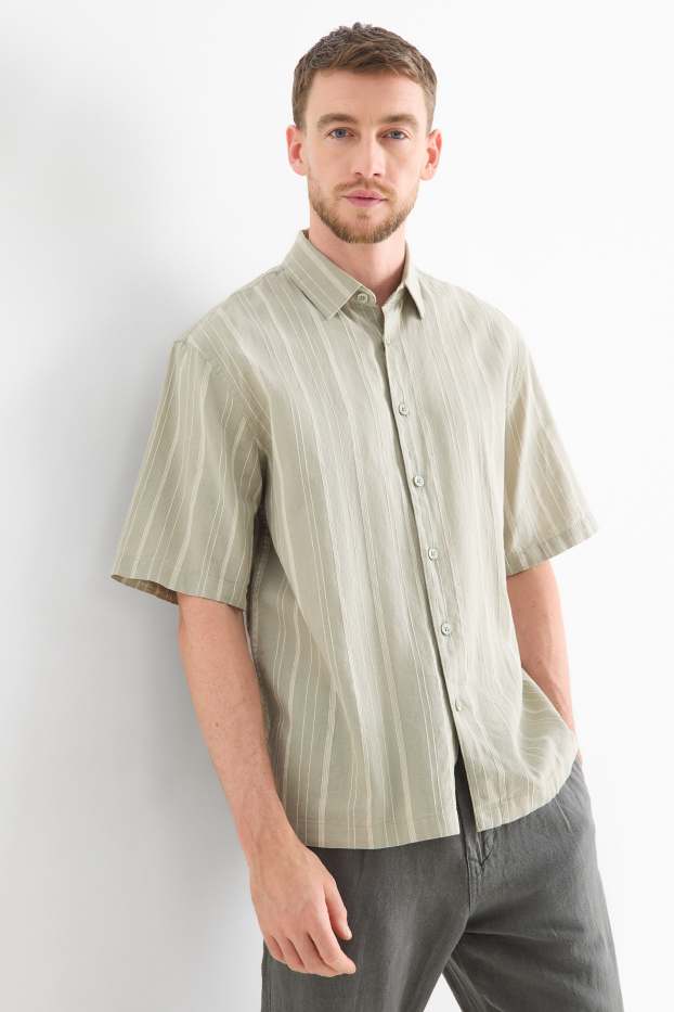 Hommes - Chemise - relaxed fit - col kent - lin mélangé - à rayures - vert clair