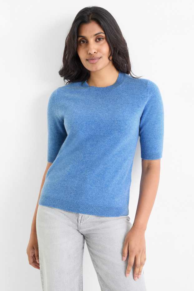 Femmes - Pull en maille en cachemire - manches courtes - bleu