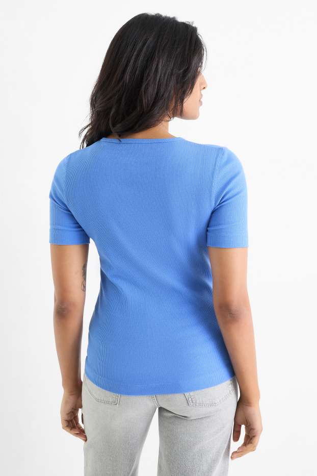 Femmes - T-shirt - slim fit - finition côtelée - bleu