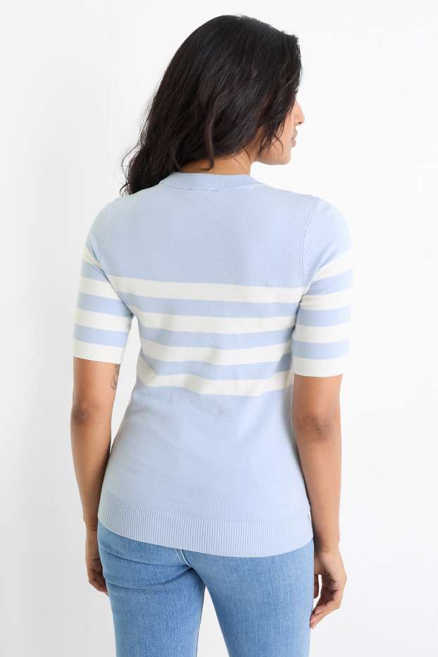 Women - Knitted jumper - short sleeve - striped - white / light blue