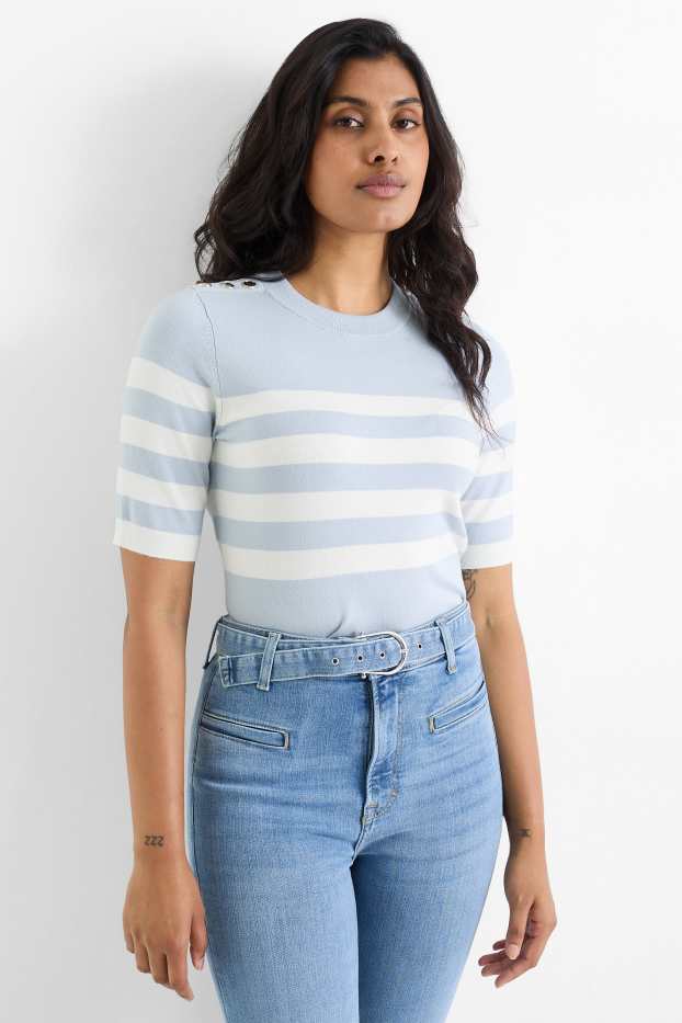 Women - Knitted jumper - short sleeve - striped - white / light blue