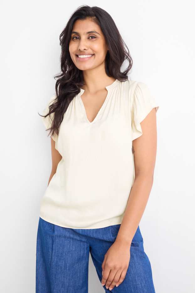 Dámské - Halenka s výstřihem ve tvaru V - krémově bílá