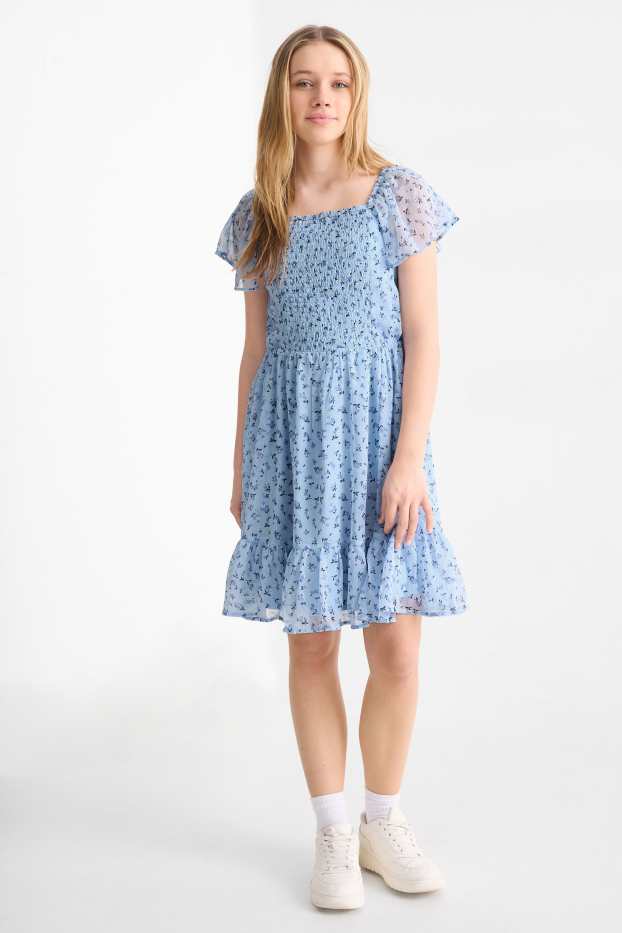 Kinder Mädchen - Blume - Chiffon-Kleid - gesmokt - hellblau
