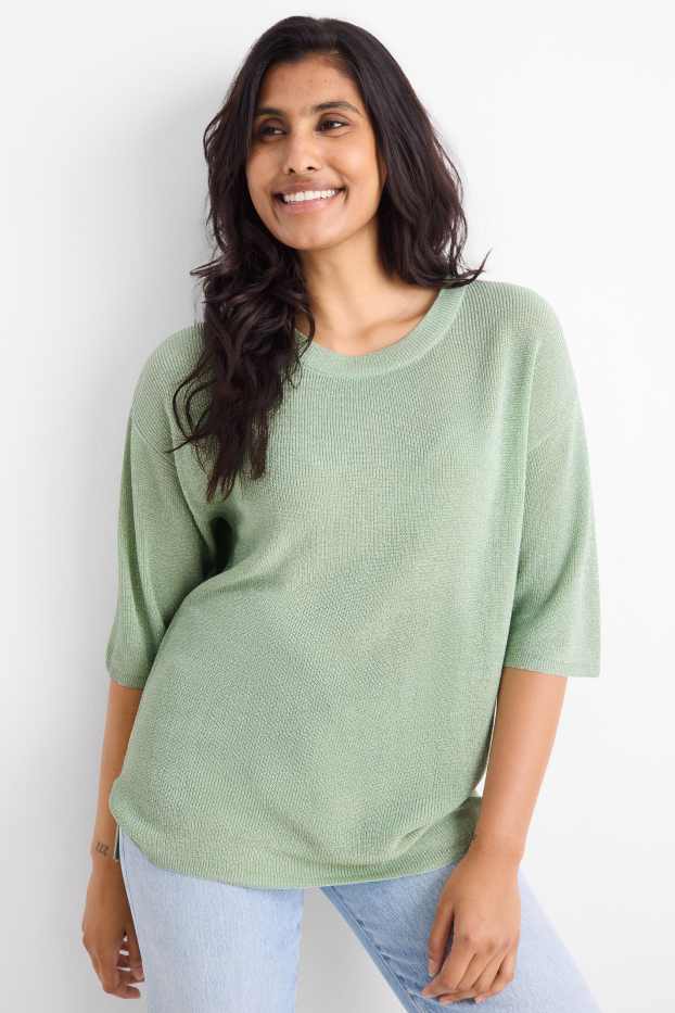 Femei - Pulover tricotat - mânecă scurtă - reiat - aspect lucios - verde deschis