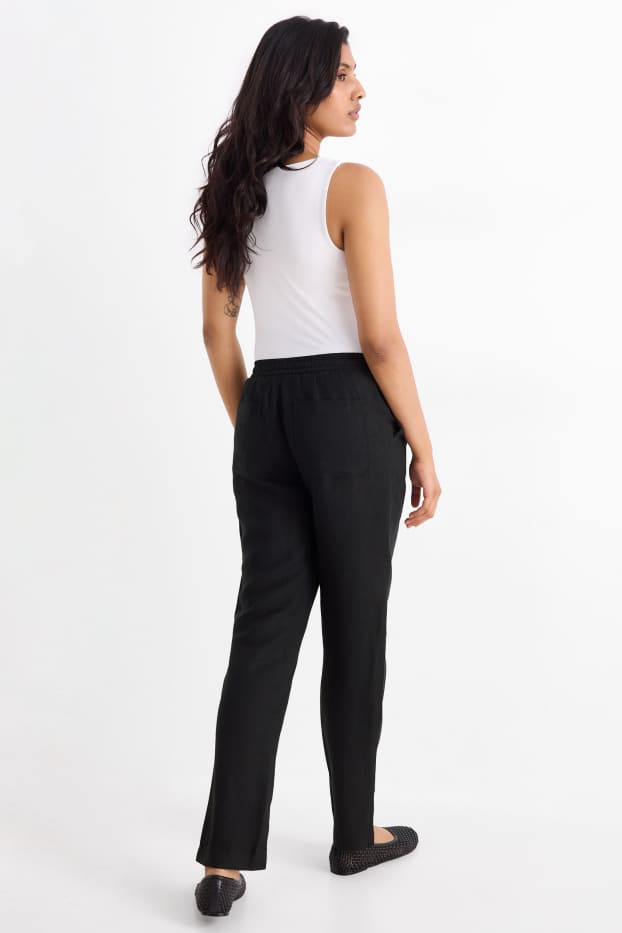 Damen - Stoffhose - Mid Waist - Tapered Fit - Leinen-Mix - schwarz