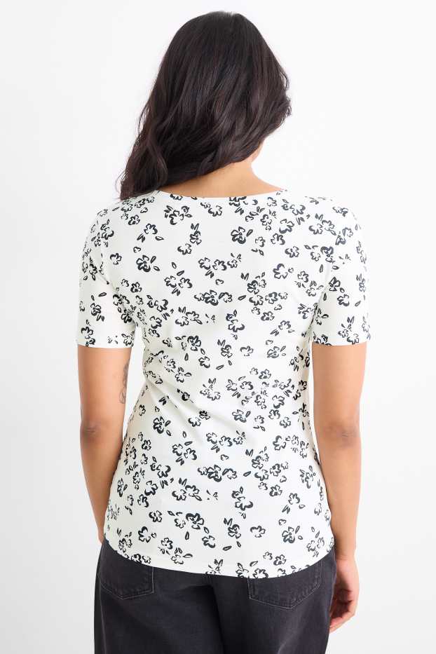 Dámské - Tričko - slim fit - s květinovým vzorem - bílá/černá