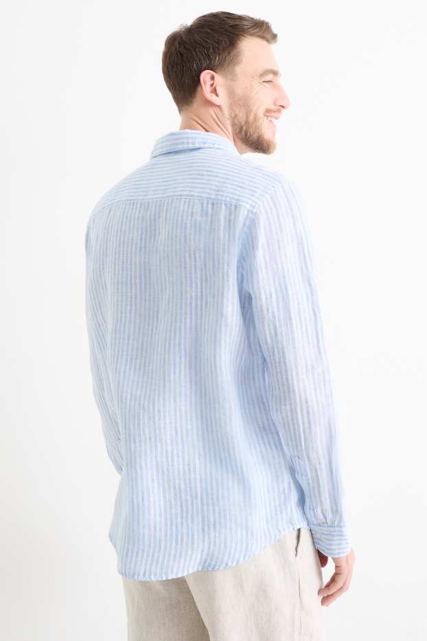 Hommes - Chemise en lin - regular fit - col Kent - à rayures - bleu / blanc