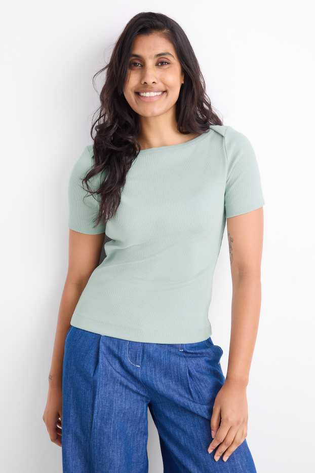 Dames - T-shirt - slim fit - ribstof - mintgroen